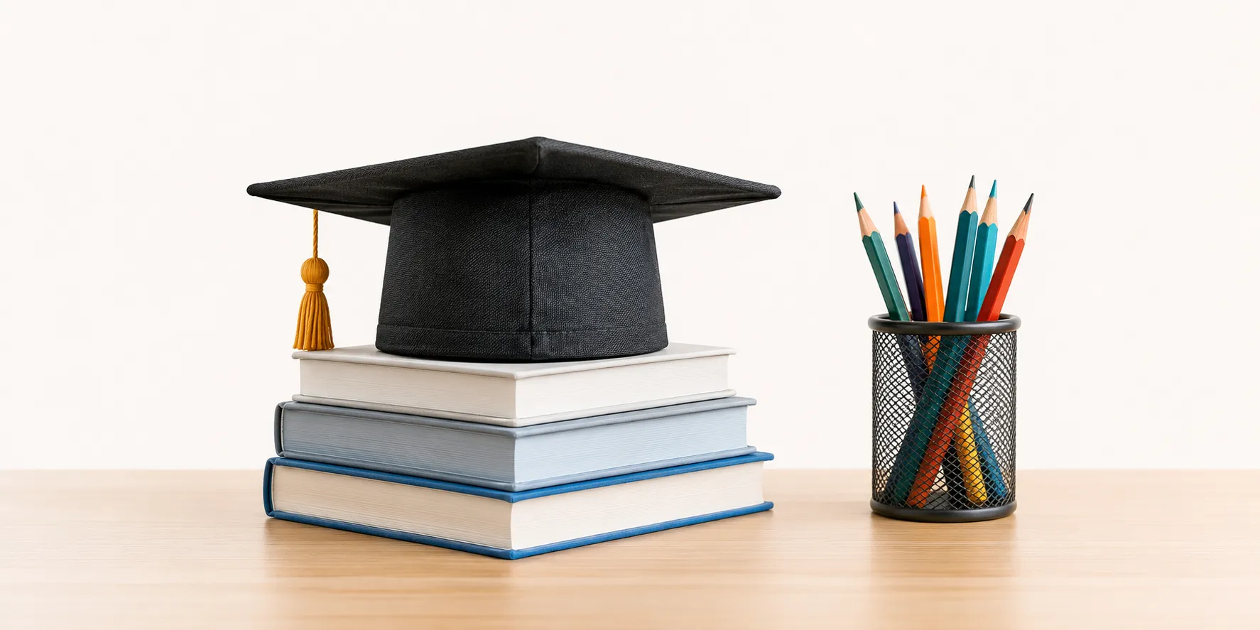 Graduation cap, stacked books and pencils